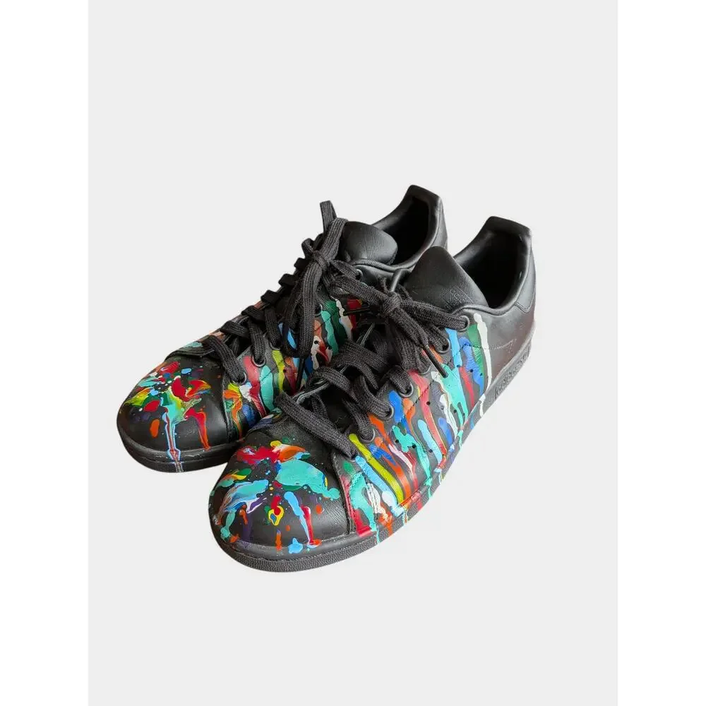 Adidas Stan Smith Men’s 8 Black Leather Sneakers Custom Paint Splatter Art Shoes